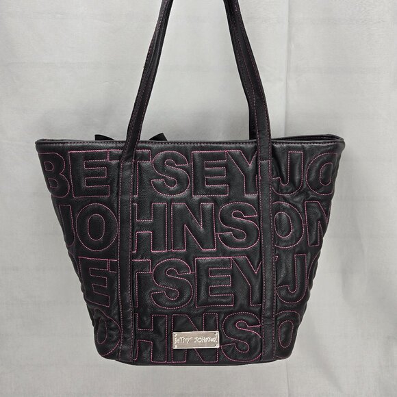 Betsey Johnson Black Bag with Pink Stitching & Black Bow - Picture 2 of 9
